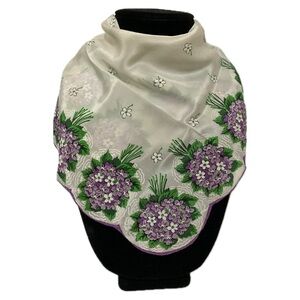 Violet Bouquet Scalloped Border Vintage Silk Scarf / Neckerchief